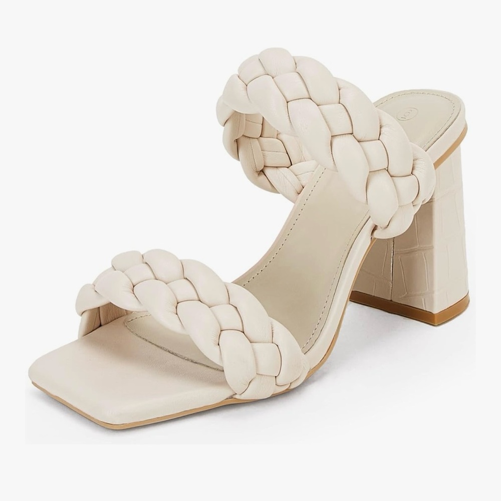 Cream Woven Leather Sandals with Block Heel